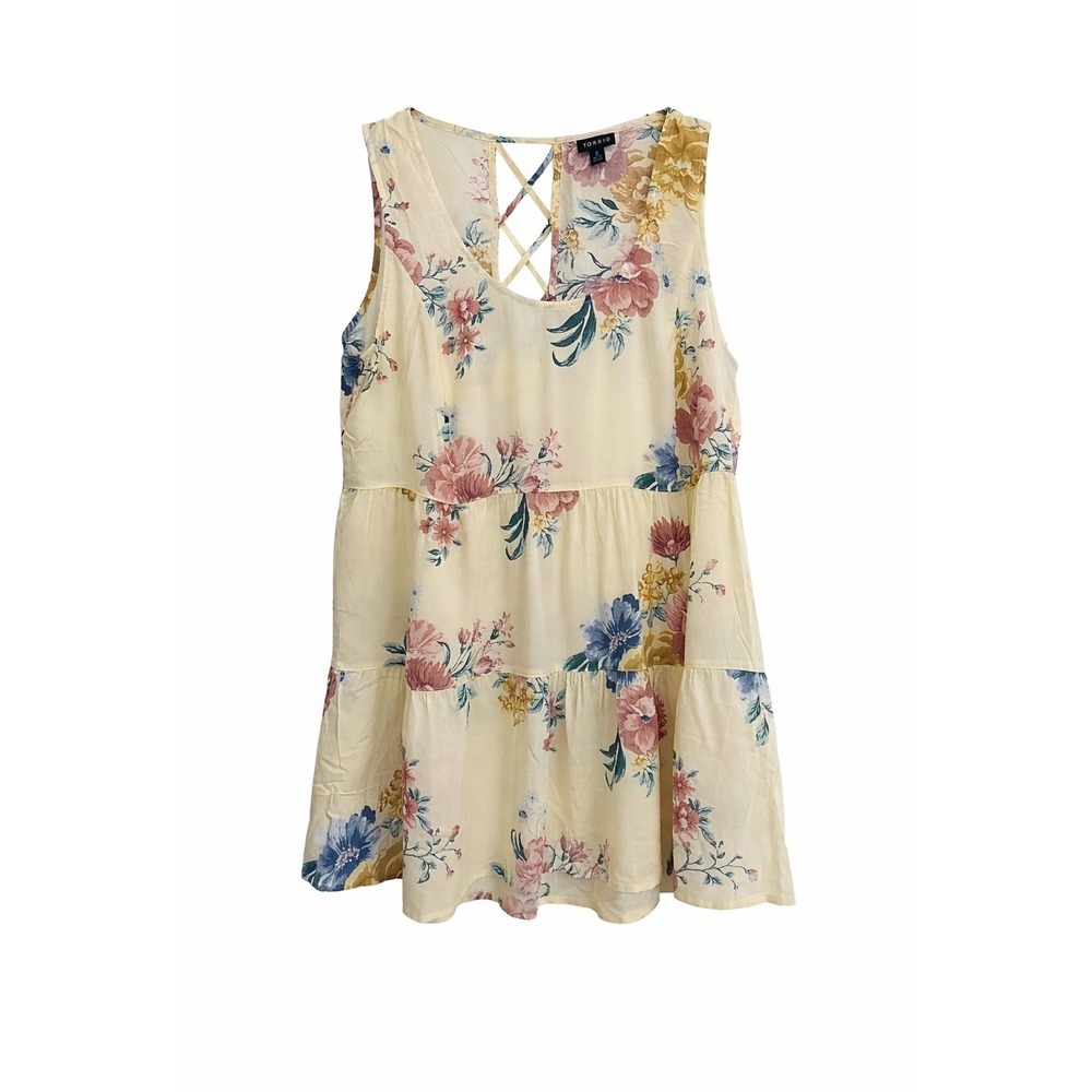 Torrid Size 0 Floral Tiered Sleeveless Top Pale Yellow Lattice Back (Fits L/XL)